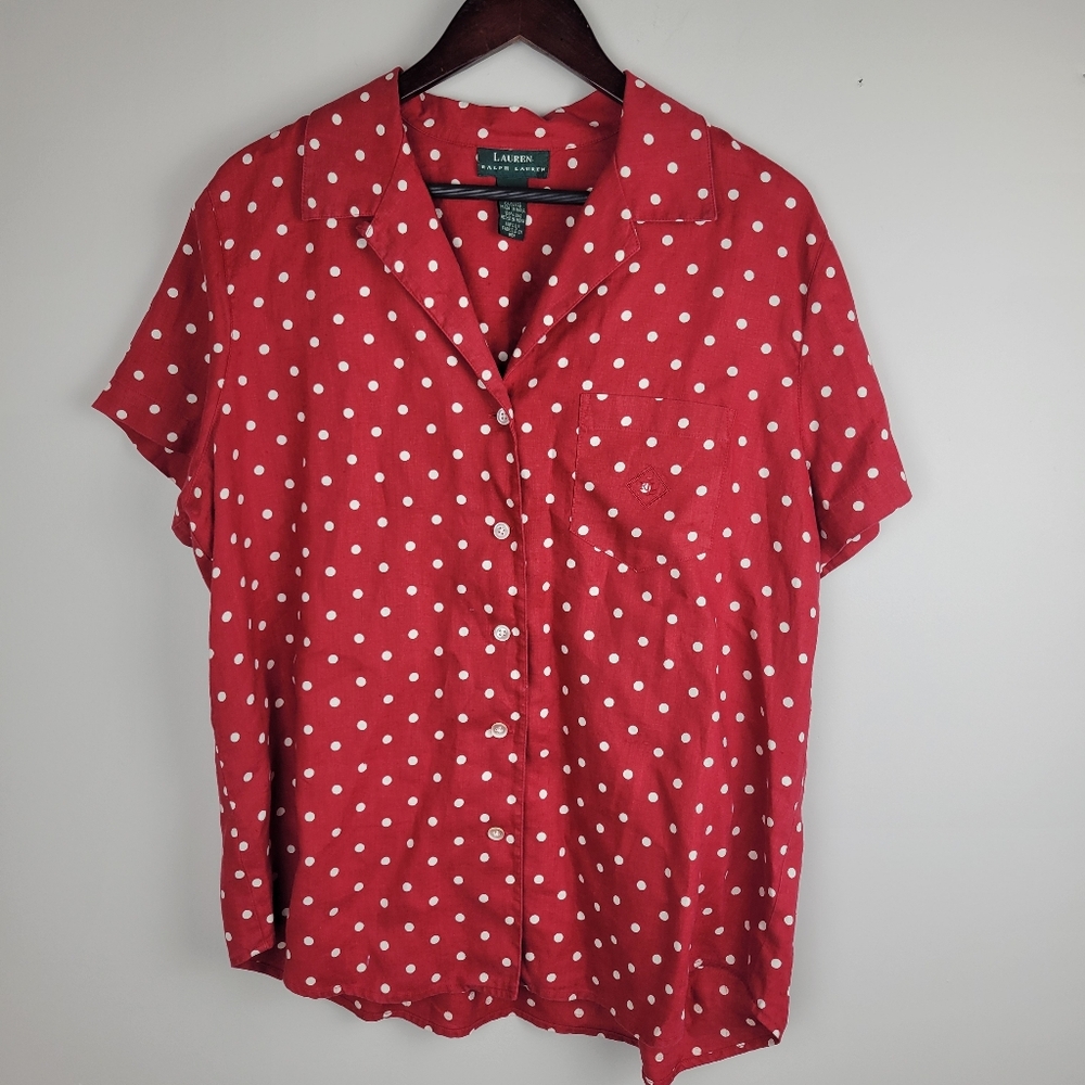 Vintage LAUREN RALPH LAUREN Red White Polka Dot Linen Button Up